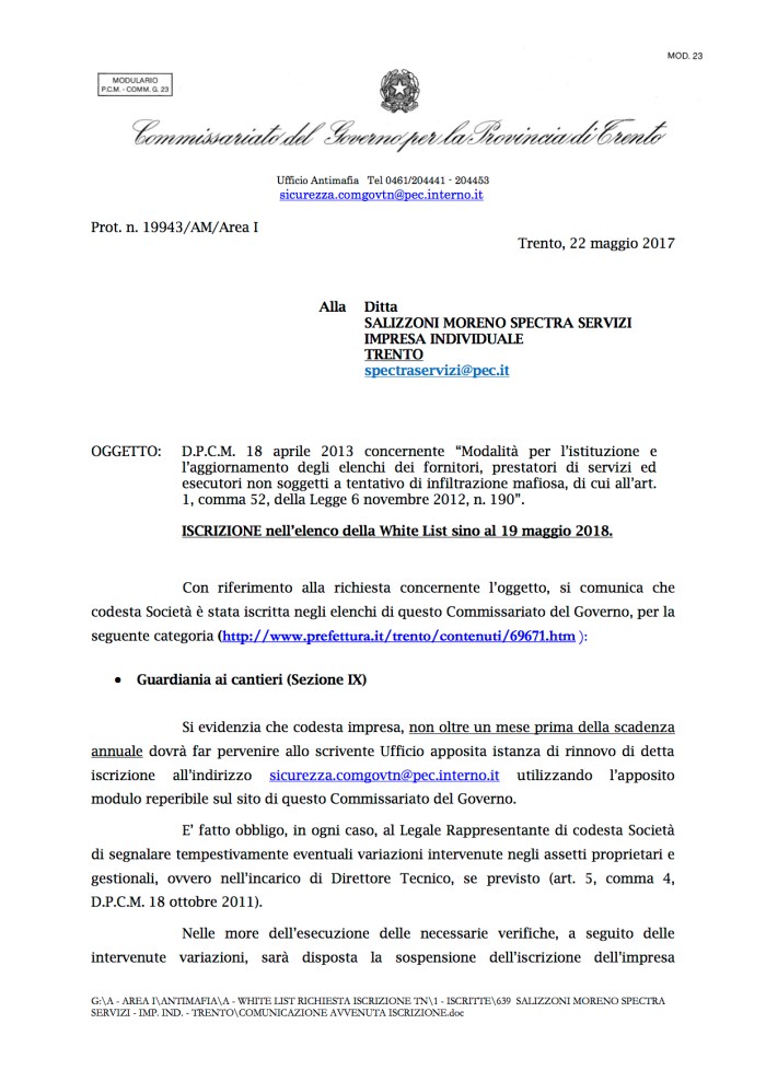 1COMUNICAZIONE AVVENUTA ISCRIZIONE white list antimafia