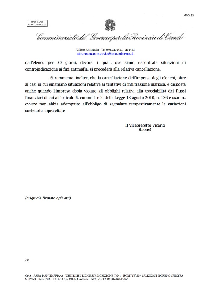 2COMUNICAZIONE AVVENUTA ISCRIZIONE white list antimafia